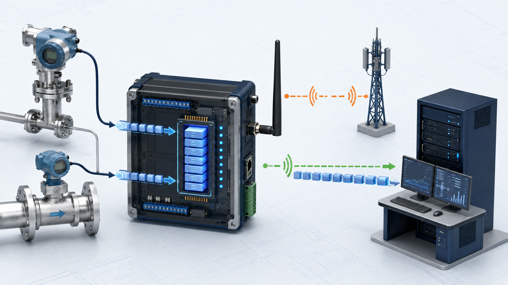 مسیر دریافت و ثبت داده از سنسورها و انتقال از طریق GSM و GPRS به سامانه SCADA